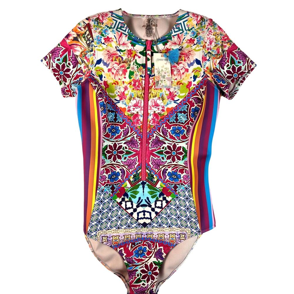 Johnny Was Multicolor Floral & Geometric Short Sleeve One-Piece Swimsuit